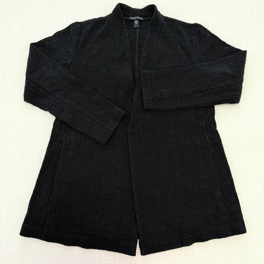 Eileen Fisher Black Textured Open Front Blazer Cardigan